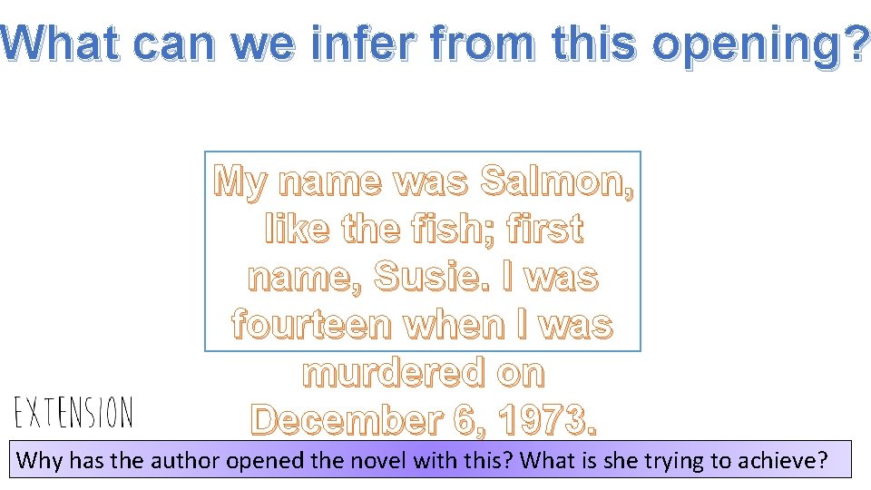 What can we infer from this opening? My name was Salmon, like the fish;