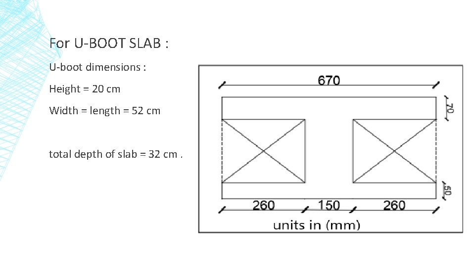 For U-BOOT SLAB : U-boot dimensions : Height = 20 cm Width = length