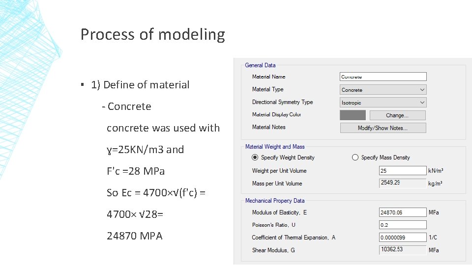 Process of modeling ▪ 1) Define of material - Concrete concrete was used with
