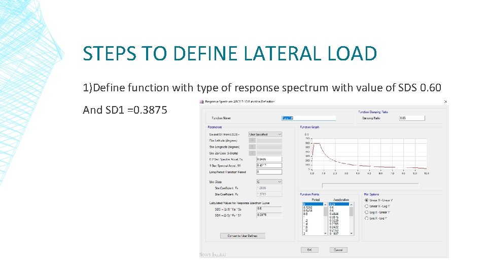 STEPS TO DEFINE LATERAL LOAD 1)Define function with type of response spectrum with value
