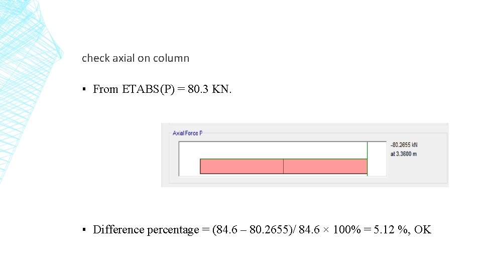 check axial on column ▪ From ETABS(P) = 80. 3 KN. ▪ Difference percentage