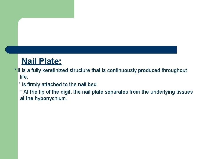 Nail Plate: * it is a fully keratinized structure that is continuously produced throughout