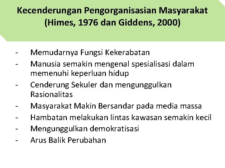Kecenderungan Pengorganisasian Masyarakat (Himes, 1976 dan Giddens, 2000) - Memudarnya Fungsi Kekerabatan Manusia semakin