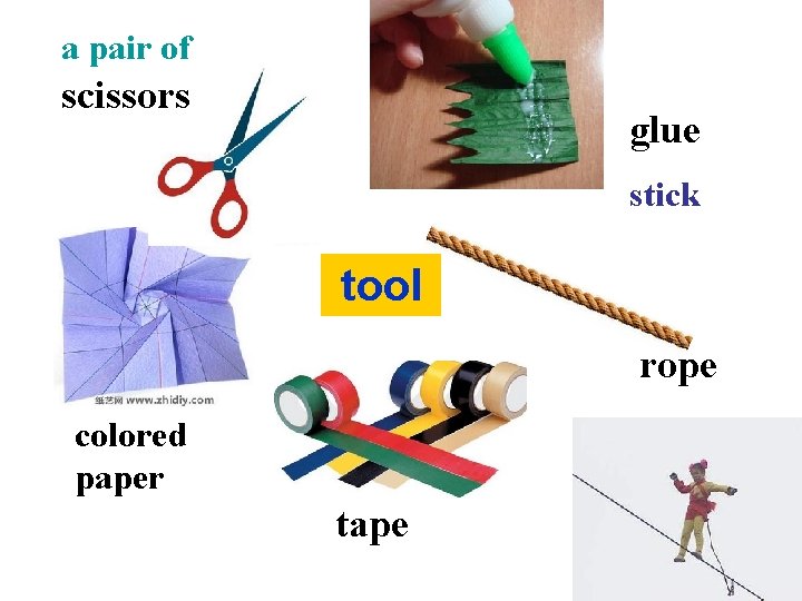 a pair of scissors glue stick tool rope colored paper tape 