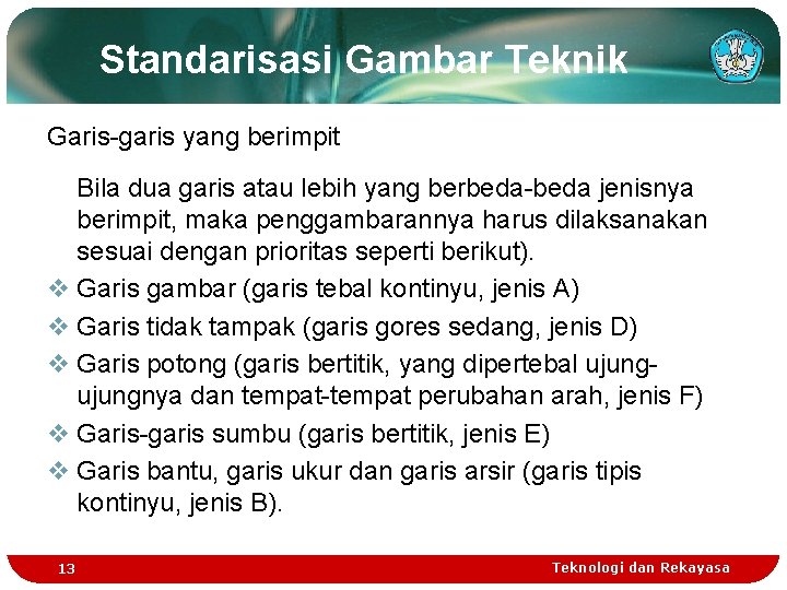 Standarisasi Gambar Teknik Garis-garis yang berimpit Bila dua garis atau lebih yang berbeda-beda jenisnya