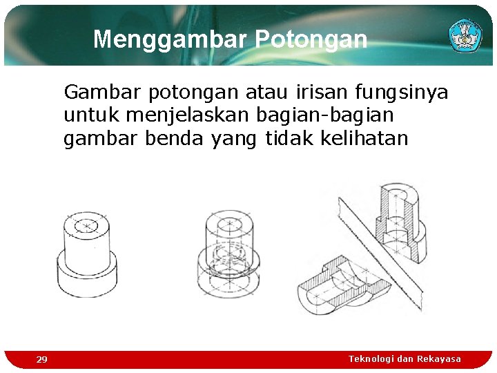 Menggambar Potongan Gambar potongan atau irisan fungsinya untuk menjelaskan bagian-bagian gambar benda yang tidak