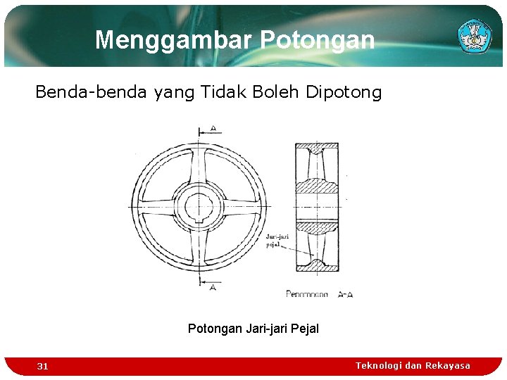 Menggambar Potongan Benda-benda yang Tidak Boleh Dipotong Potongan Jari-jari Pejal 31 Teknologi dan Rekayasa