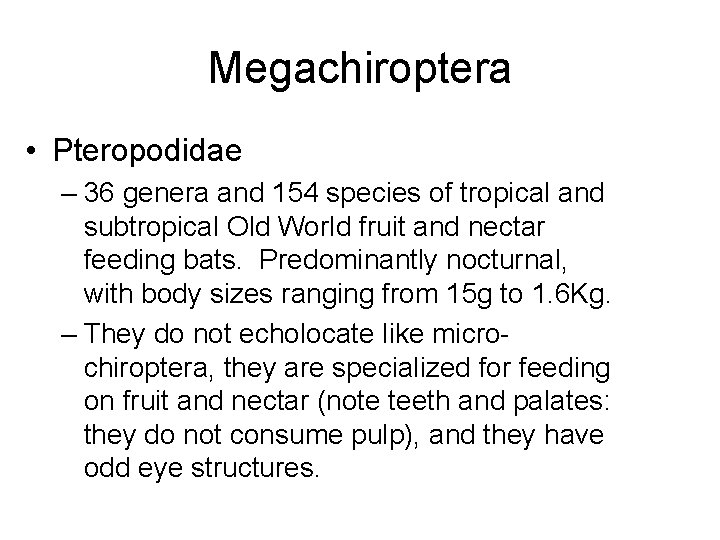 Megachiroptera • Pteropodidae – 36 genera and 154 species of tropical and subtropical Old