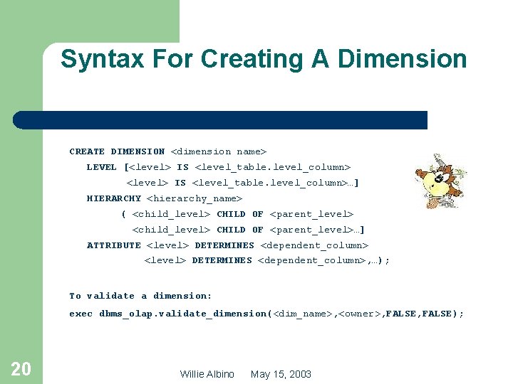 Syntax For Creating A Dimension CREATE DIMENSION <dimension name> LEVEL [<level> IS <level_table. level_column>…]