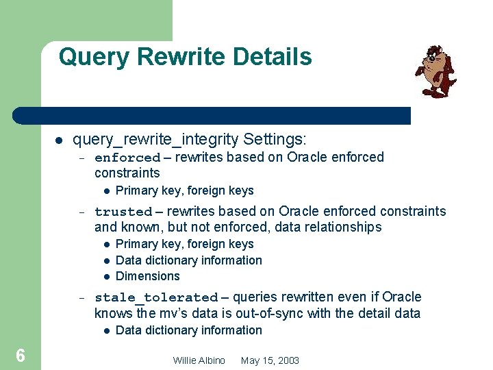 Query Rewrite Details l query_rewrite_integrity Settings: – enforced – rewrites based on Oracle enforced