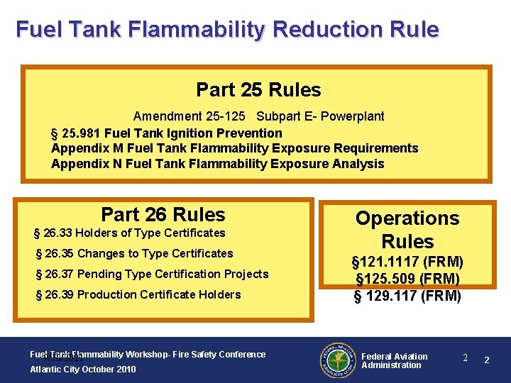 Fuel Tank Flammability Reduction Rule Part 25 Rules Amendment 25 -125 Subpart E- Powerplant