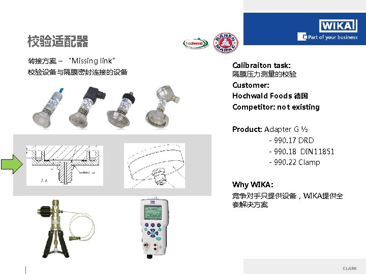 校验适配器 转接方案 – “Missing link” 校验设备与隔膜密封连接的设备 Calibraiton task: 隔膜压力测量的校验 Customer: Hochwald Foods 德国 Competitor: