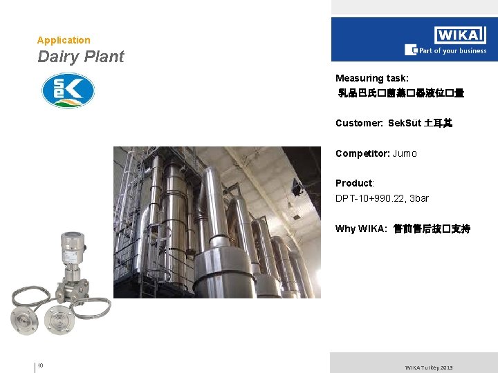 Application Dairy Plant Measuring task: 乳品巴氏�菌蒸�器液位�量 Customer: Sek. Süt 土耳其 Competitor: Jumo Product: DPT-10+990.