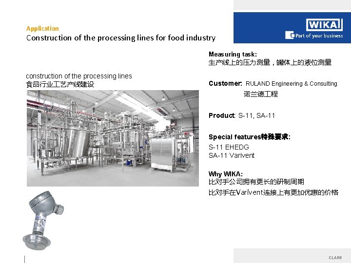 Application Construction of the processing lines for food industry Measuring task: 生产线上的压力测量，罐体上的液位测量 construction of