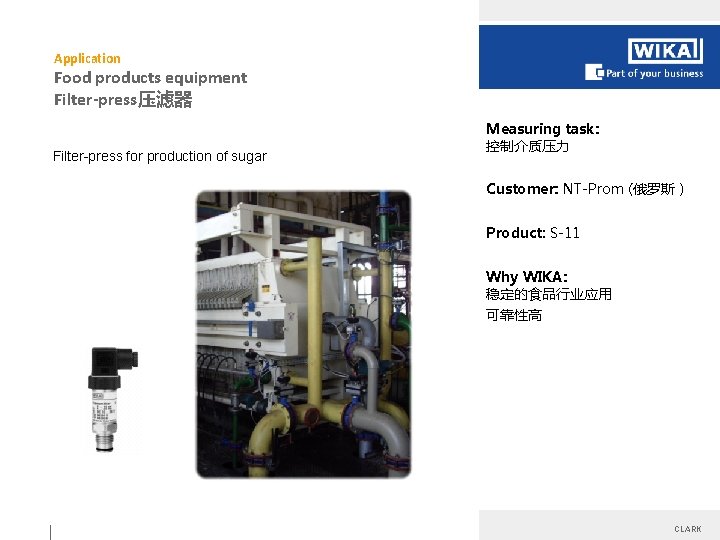 Application Food products equipment Filter-press压滤器 Filter-press for production of sugar Measuring task: 控制介质压力 Customer: