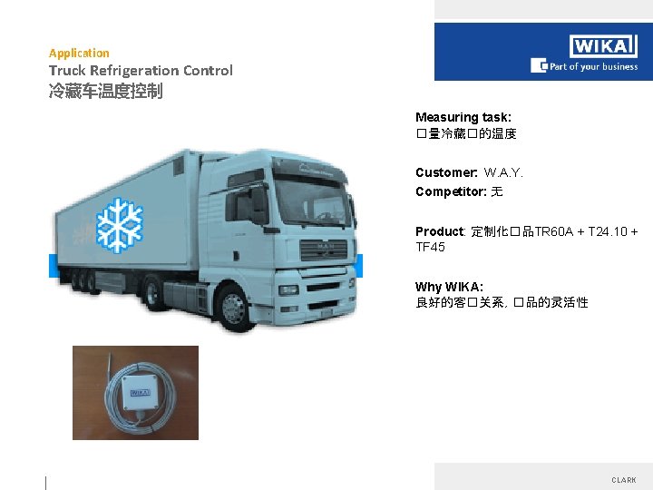 Application Truck Refrigeration Control 冷藏车温度控制 Measuring task: �量冷藏�的温度 Customer: W. A. Y. Competitor: 无