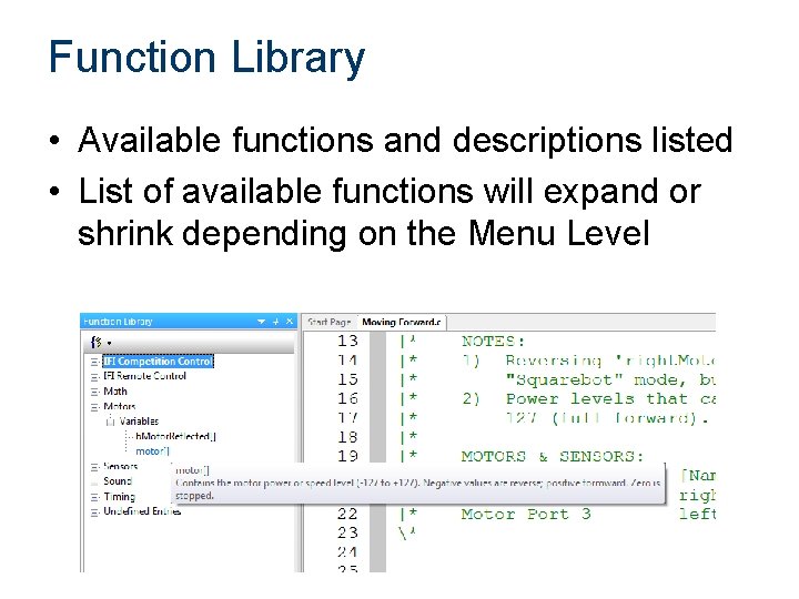 Function Library • Available functions and descriptions listed • List of available functions will