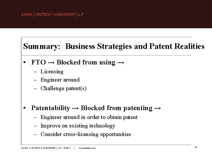 Summary: Business Strategies and Patent Realities • FTO → Blocked from using → –