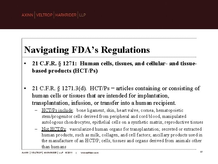 Navigating FDA’s Regulations • 21 C. F. R. § 1271: Human cells, tissues, and