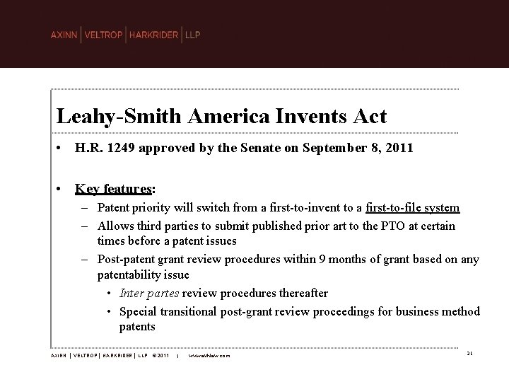 Leahy-Smith America Invents Act • H. R. 1249 approved by the Senate on September