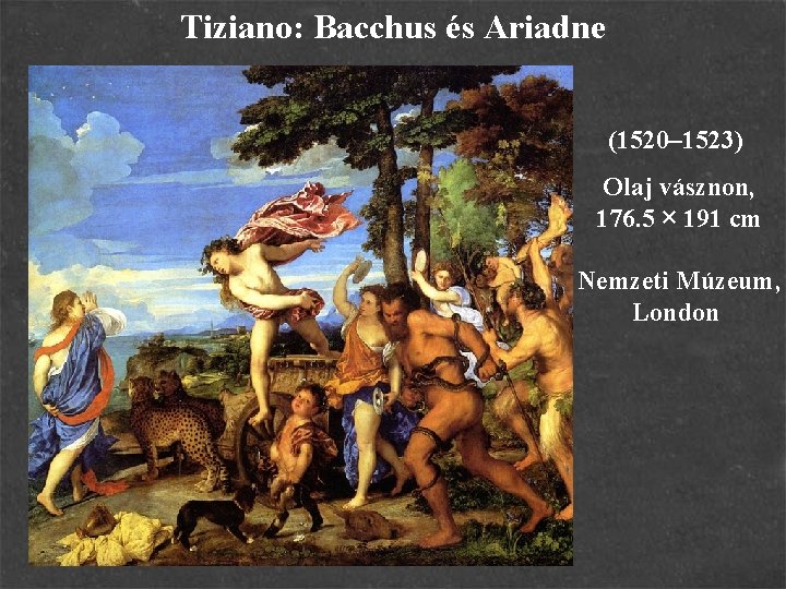 Tiziano: Bacchus és Ariadne (1520– 1523) Olaj vásznon, 176. 5 × 191 cm Nemzeti