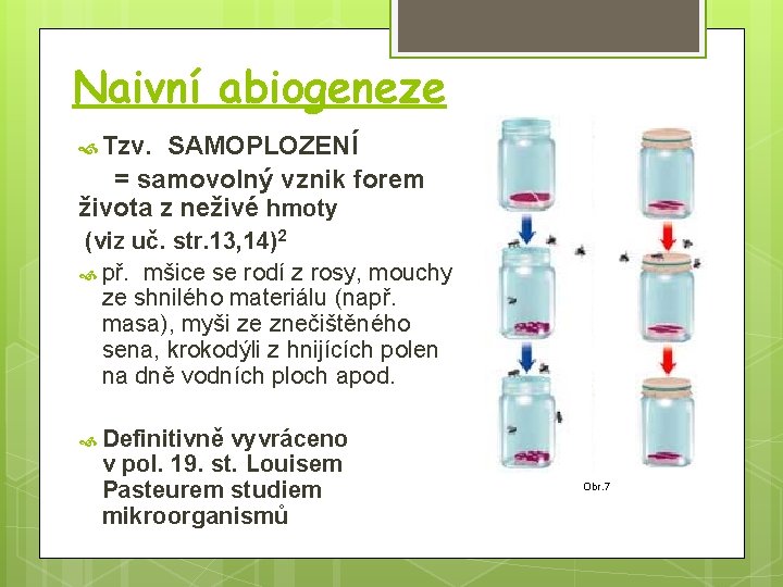 Naivní abiogeneze Tzv. SAMOPLOZENÍ = samovolný vznik forem života z neživé hmoty (viz uč.