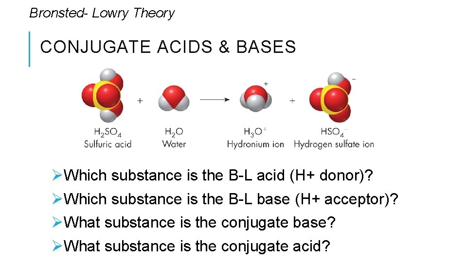 Bronsted- Lowry Theory CONJUGATE ACIDS & BASES ØWhich substance is the B-L acid (H+