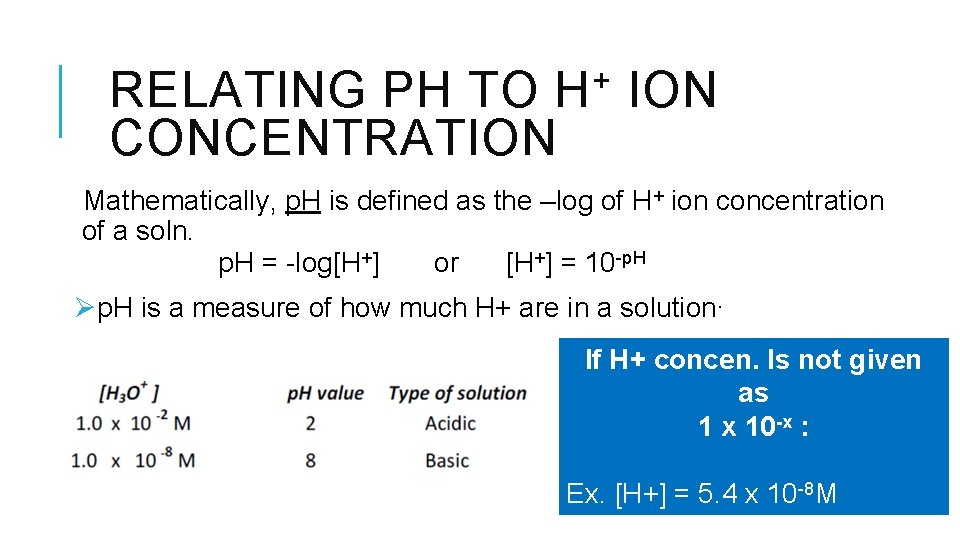 RELATING PH TO H + ION CONCENTRATION Mathematically, p. H is defined as the