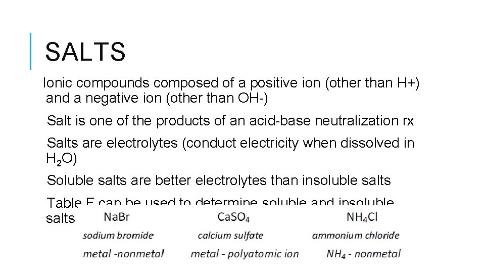 SALTS Ionic compounds composed of a positive ion (other than H+) and a negative