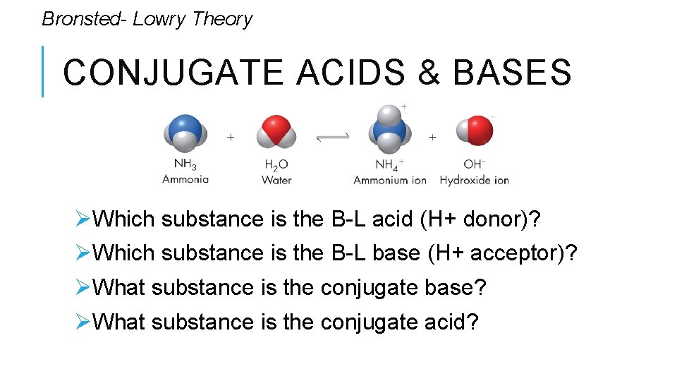 Bronsted- Lowry Theory CONJUGATE ACIDS & BASES ØWhich substance is the B-L acid (H+