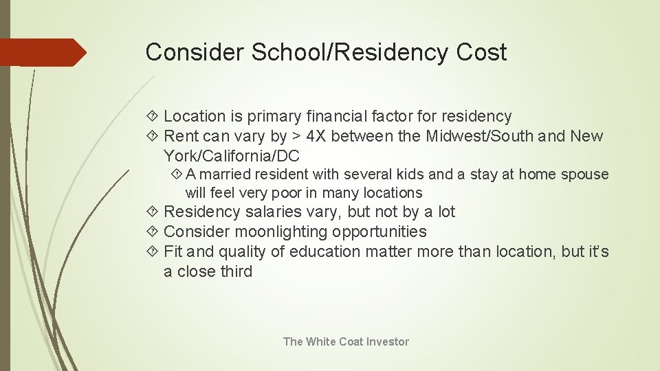 Consider School/Residency Cost Location is primary financial factor for residency Rent can vary by