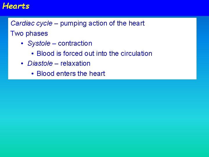 Hearts Cardiac cycle – pumping action of the heart Two phases • Systole –