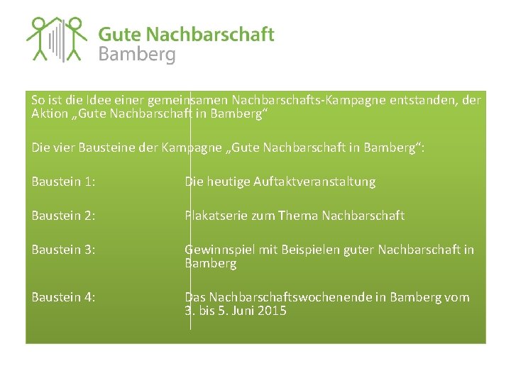 So ist die Idee einer gemeinsamen Nachbarschafts-Kampagne entstanden, der Aktion „Gute Nachbarschaft in Bamberg“