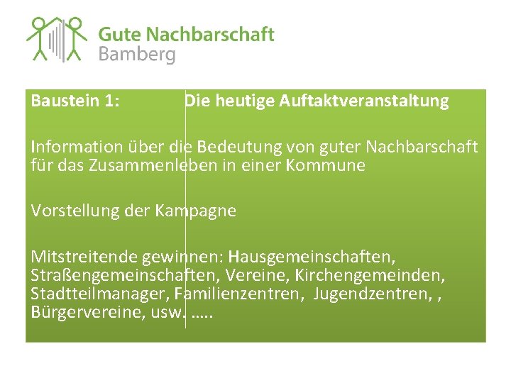 Baustein 1: Die heutige Auftaktveranstaltung Information über die Bedeutung von guter Nachbarschaft für das