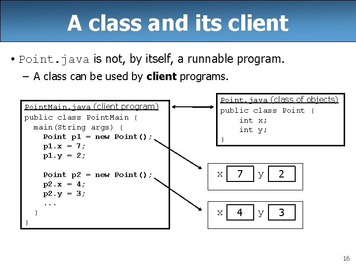 A class and its client • Point. java is not, by itself, a runnable
