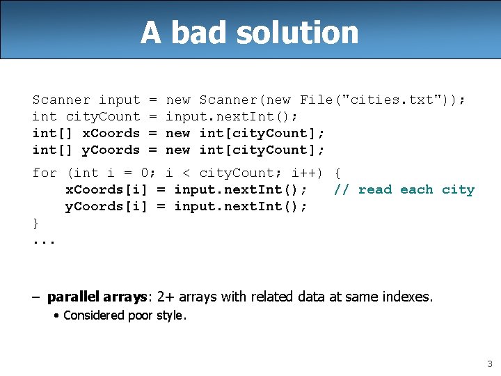 A bad solution Scanner input int city. Count int[] x. Coords int[] y. Coords