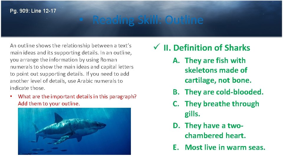 Pg. 909: Line 12 -17 • Reading Skill: Outline An outline shows the relationship