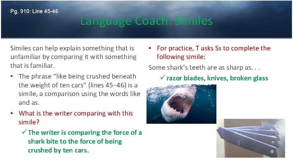 Pg. 910: Line 45 -46 Language Coach: Similes can help explain something that is