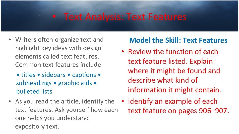  • Text Analysis: Text Features • Writers often organize text and Model the