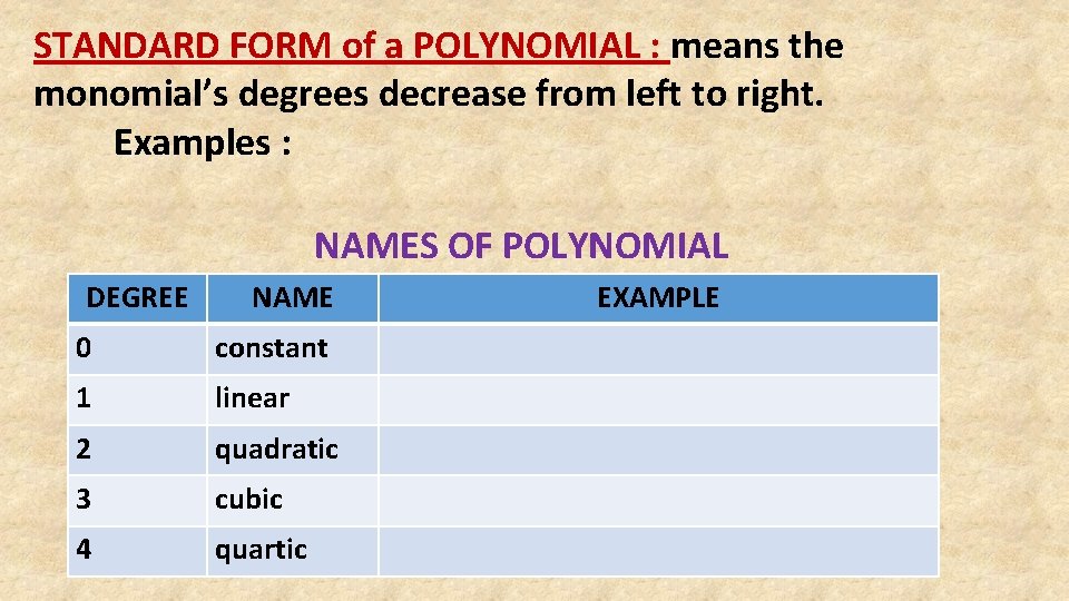 STANDARD FORM of a POLYNOMIAL : means the monomial’s degrees decrease from left to