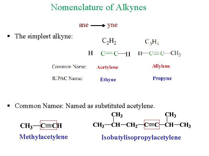 Nomenclature of Alkynes ane yne § The simplest alkyne: § Common Names: Named as