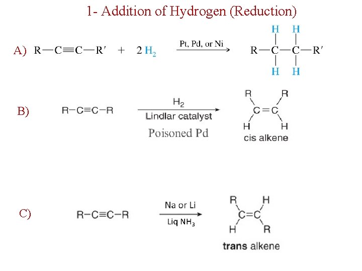 1 - Addition of Hydrogen (Reduction) A) B) C) 