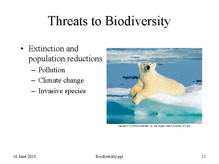 Threats to Biodiversity • Extinction and population reductions – Pollution – Climate change –