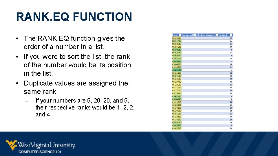 RANK. EQ FUNCTION • The RANK. EQ function gives the order of a number