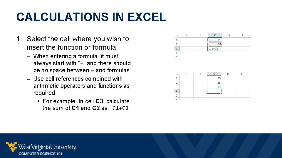 CALCULATIONS IN EXCEL 1. Select the cell where you wish to insert the function