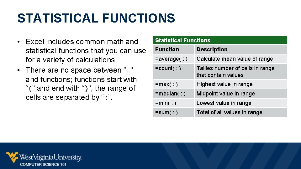 STATISTICAL FUNCTIONS • Excel includes common math and statistical functions that you can use