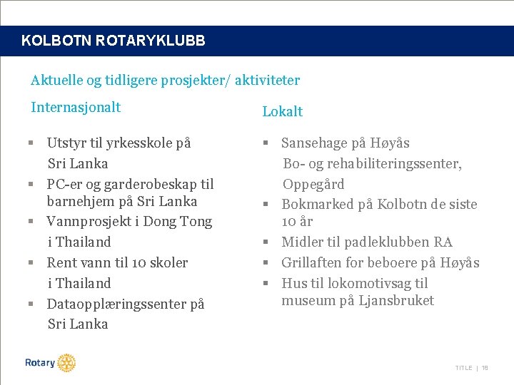 KOLBOTN ROTARYKLUBB Aktuelle og tidligere prosjekter/ aktiviteter Internasjonalt Lokalt § Utstyr til yrkesskole på