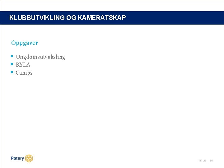 KLUBBUTVIKLING OG KAMERATSKAP Oppgaver § Ungdomsutveksling § RYLA § Camps TITLE | 35 