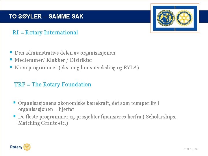 TO SØYLER – SAMME SAK RI = Rotary International § Den administrative delen av