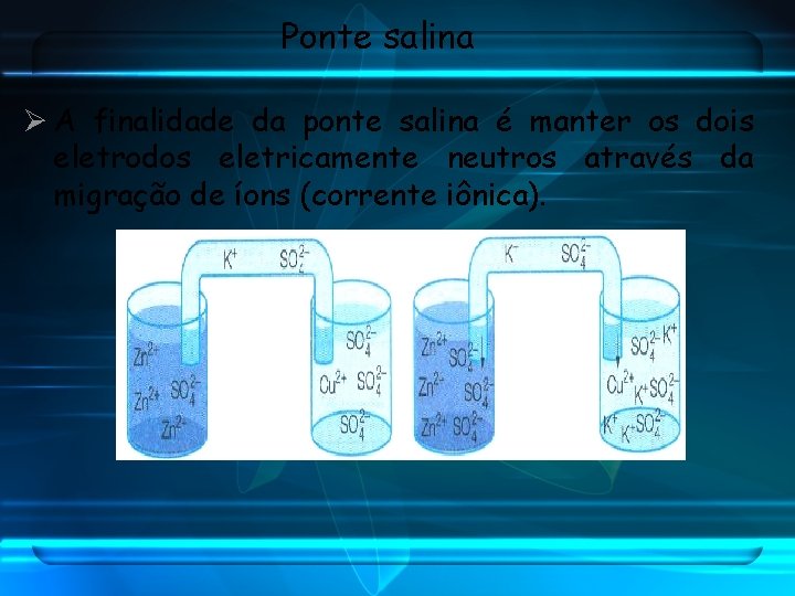 Ponte salina Ø A finalidade da ponte salina é manter os dois eletrodos eletricamente